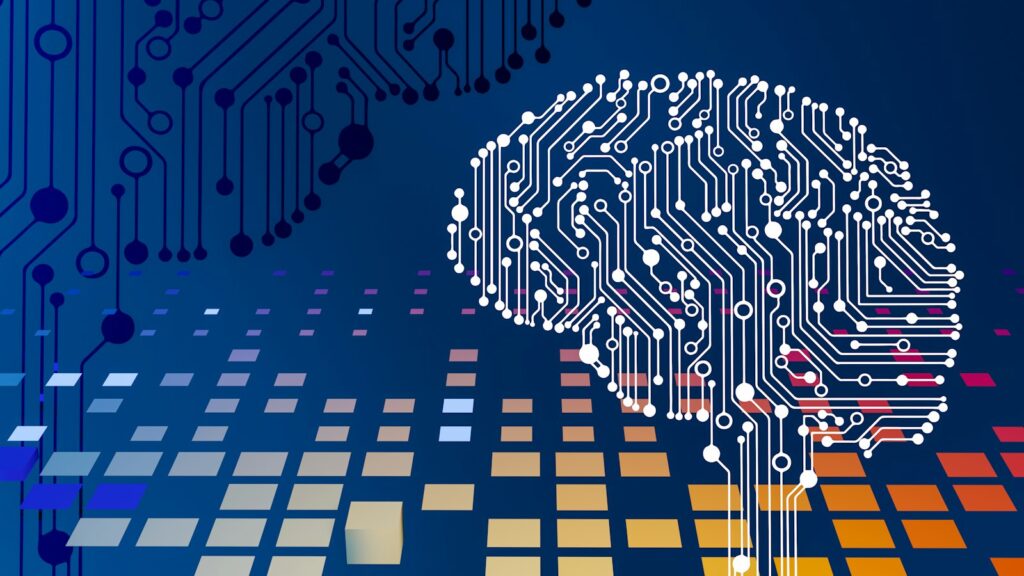 Leiterplatte mit stilisiertem Gehirn als Symbol für künstliche Intelligenz